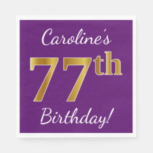 Purple, Faux Gold 77th Birthday + Custom Name Napkin