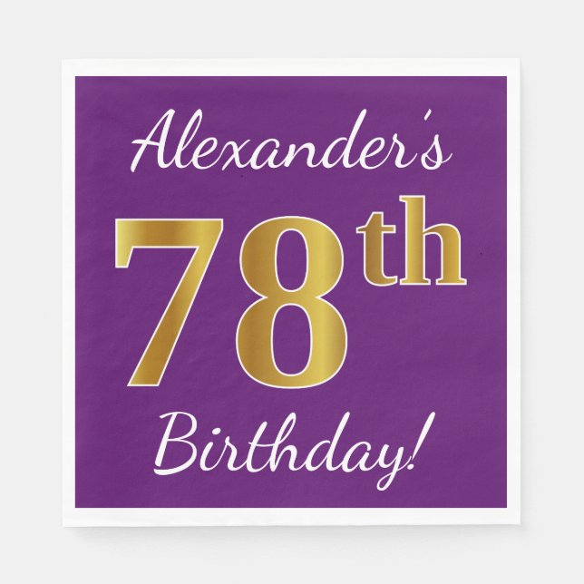 Purple, Faux Gold 78th Birthday + Custom Name Napkin (Front)