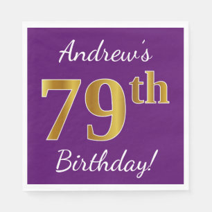 Purple, Faux Gold 79th Birthday + Custom Name Napkin