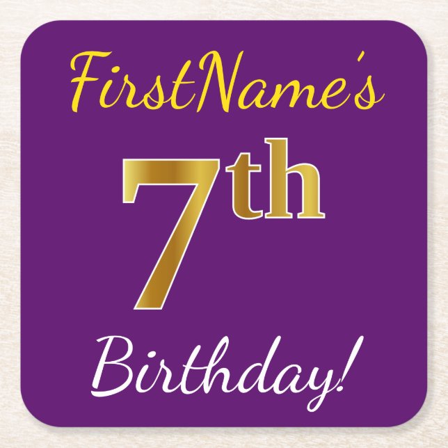 Purple, Faux Gold 7th Birthday + Custom Name Square Paper Coaster (Front)