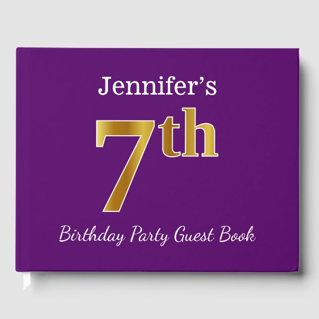 Purple, Faux Gold 7th Birthday Party + Custom Name Guest Book (Front)