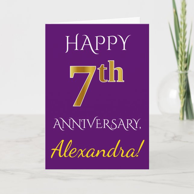Purple, Faux Gold 7th Wedding Anniversary + Name Card (Front)