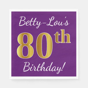 Purple, Faux Gold 80th Birthday + Custom Name Napkin