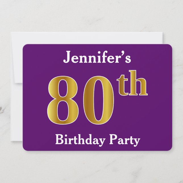 Purple, Faux Gold 80th Birthday Party; Custom Name Invitation (Front)