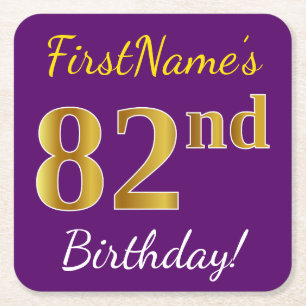 Purple, Faux Gold 82nd Birthday + Custom Name Square Paper Coaster