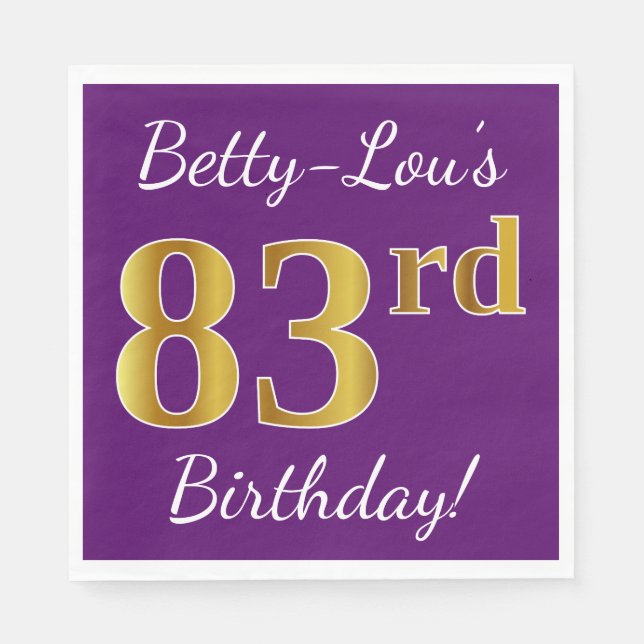 Purple, Faux Gold 83rd Birthday + Custom Name Napkin (Front)