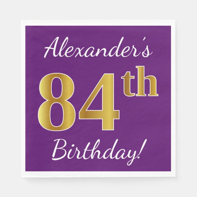 Purple, Faux Gold 84th Birthday + Custom Name Napkin (Front)