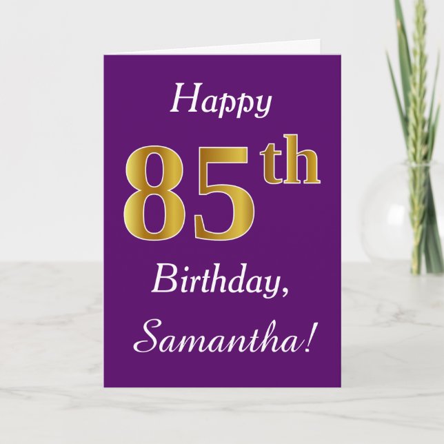 Purple, Faux Gold 85th Birthday + Custom Name Card (Front)