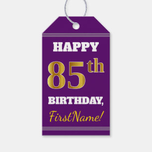 Purple, Faux Gold 85th Birthday + Custom Name Gift Tags