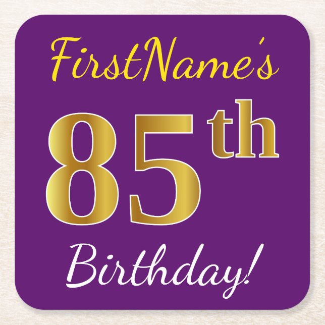 Purple, Faux Gold 85th Birthday + Custom Name Square Paper Coaster (Front)