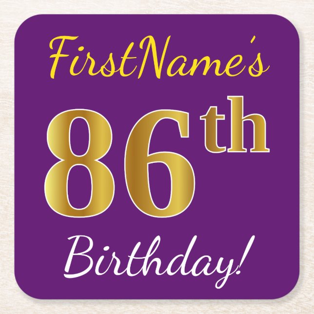 Purple, Faux Gold 86th Birthday + Custom Name Square Paper Coaster (Front)
