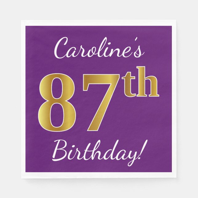 Purple, Faux Gold 87th Birthday + Custom Name Napkin (Front)
