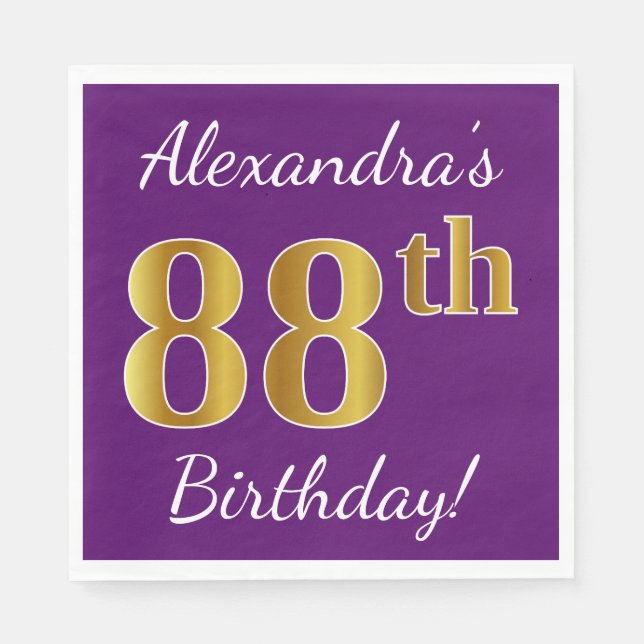Purple, Faux Gold 88th Birthday + Custom Name Napkin (Front)