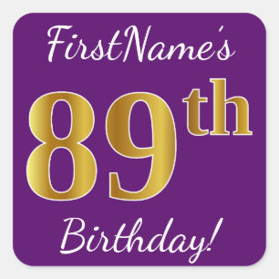 Purple, Faux Gold 89th Birthday + Custom Name Square Sticker