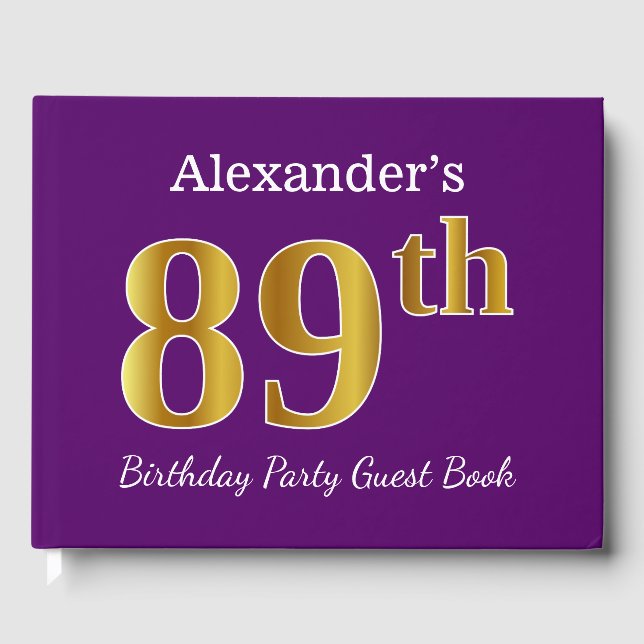 Purple, Faux Gold 89th Birthday Party; Custom Name Guest Book (Front)
