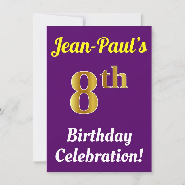 Purple, Faux Gold 8th Birthday Celebration + Name Invitation (Front)
