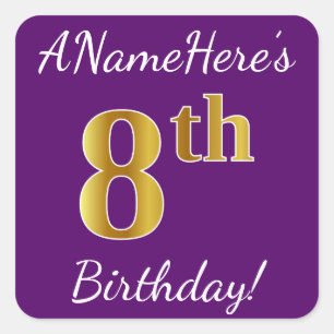 Purple, Faux Gold 8th Birthday + Custom Name Square Sticker