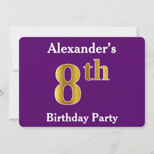 Purple, Faux Gold 8th Birthday Party + Custom Name Invitation