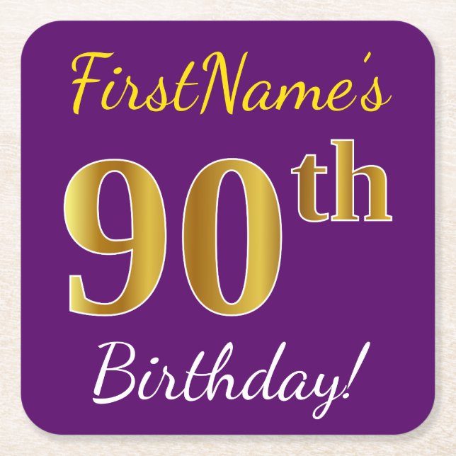 Purple, Faux Gold 90th Birthday + Custom Name Square Paper Coaster (Front)