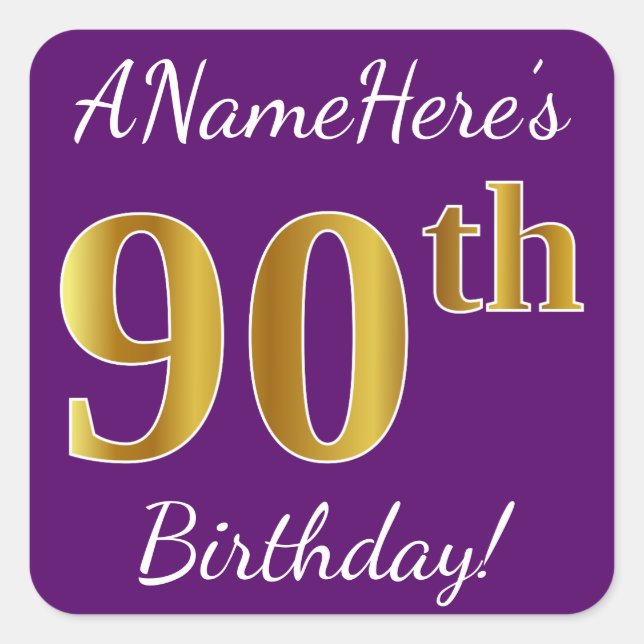 Purple, Faux Gold 90th Birthday + Custom Name Square Sticker (Front)