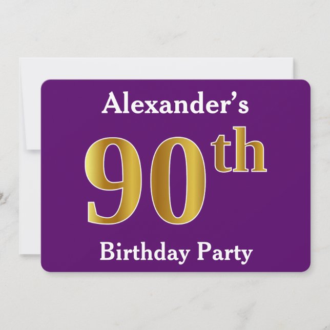 Purple, Faux Gold 90th Birthday Party; Custom Name Invitation (Front)