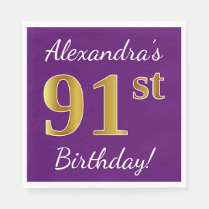 Purple, Faux Gold 91st Birthday + Custom Name Napkin