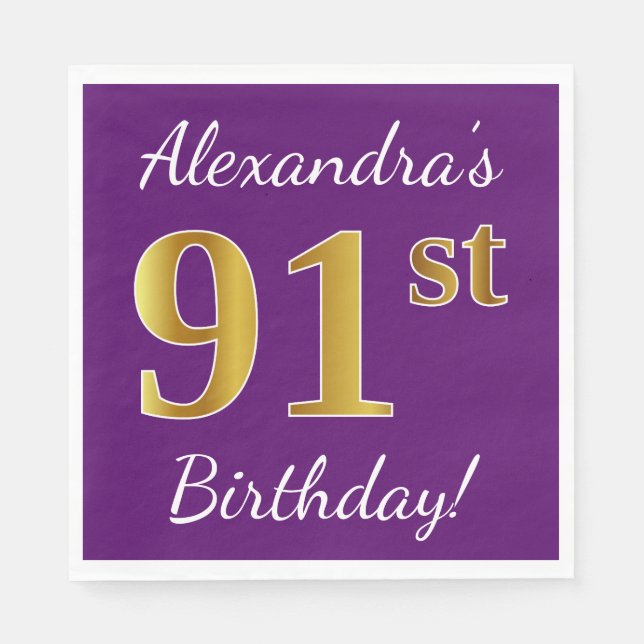Purple, Faux Gold 91st Birthday + Custom Name Napkin (Front)