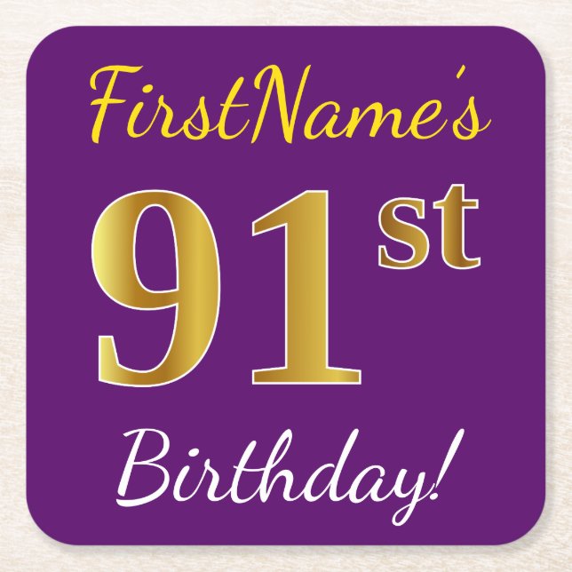 Purple, Faux Gold 91st Birthday + Custom Name Square Paper Coaster (Front)