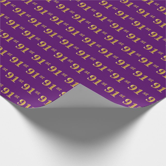 Purple, Faux Gold 91st (Ninety-First) Event Wrapping Paper (Corner)