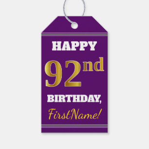 Purple, Faux Gold 92nd Birthday + Custom Name Gift Tags