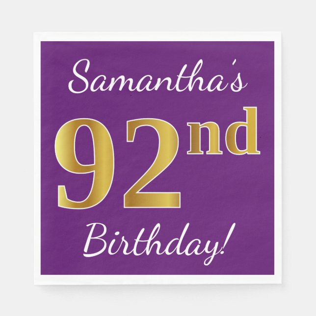 Purple, Faux Gold 92nd Birthday + Custom Name Napkin (Front)