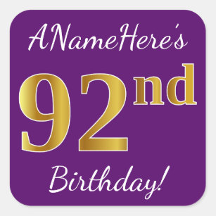 Purple, Faux Gold 92nd Birthday + Custom Name Square Sticker
