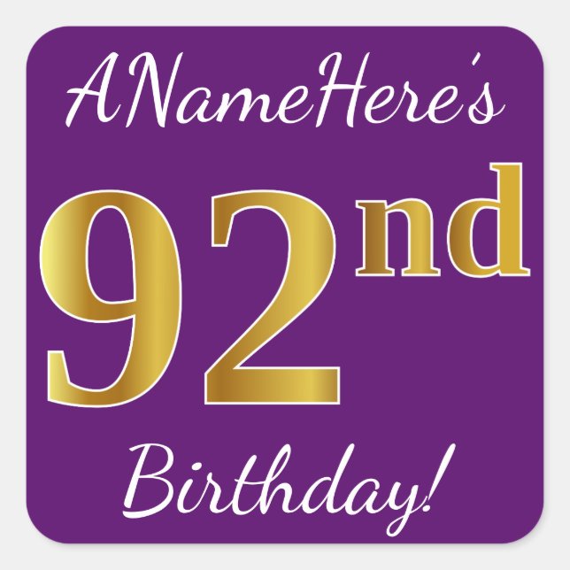 Purple, Faux Gold 92nd Birthday + Custom Name Square Sticker (Front)