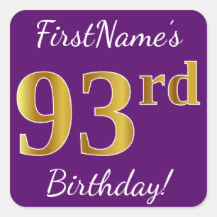 Purple, Faux Gold 93rd Birthday + Custom Name Square Sticker