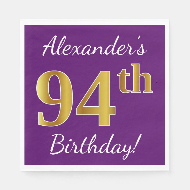 Purple, Faux Gold 94th Birthday + Custom Name Napkin (Front)