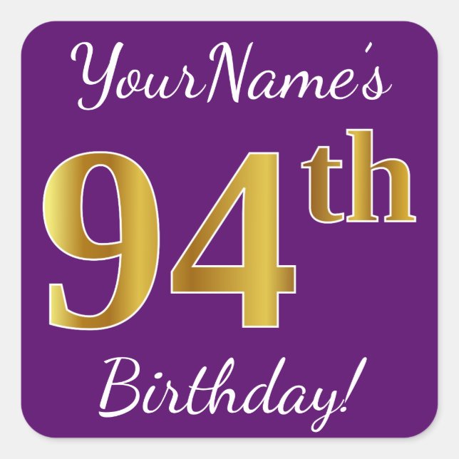 Purple, Faux Gold 94th Birthday + Custom Name Square Sticker (Front)