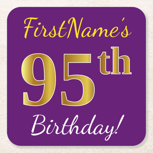 Purple, Faux Gold 95th Birthday + Custom Name Square Paper Coaster (Front)