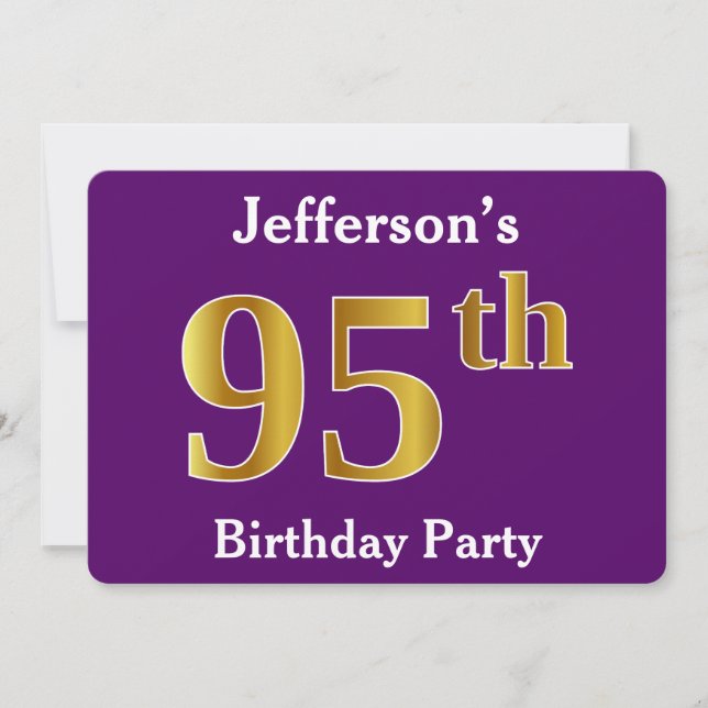 Purple, Faux Gold 95th Birthday Party; Custom Name Invitation (Front)