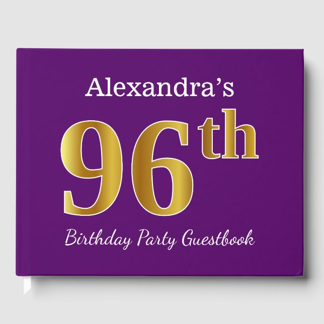 Purple, Faux Gold 96th Birthday Party; Custom Name Guest Book (Front)
