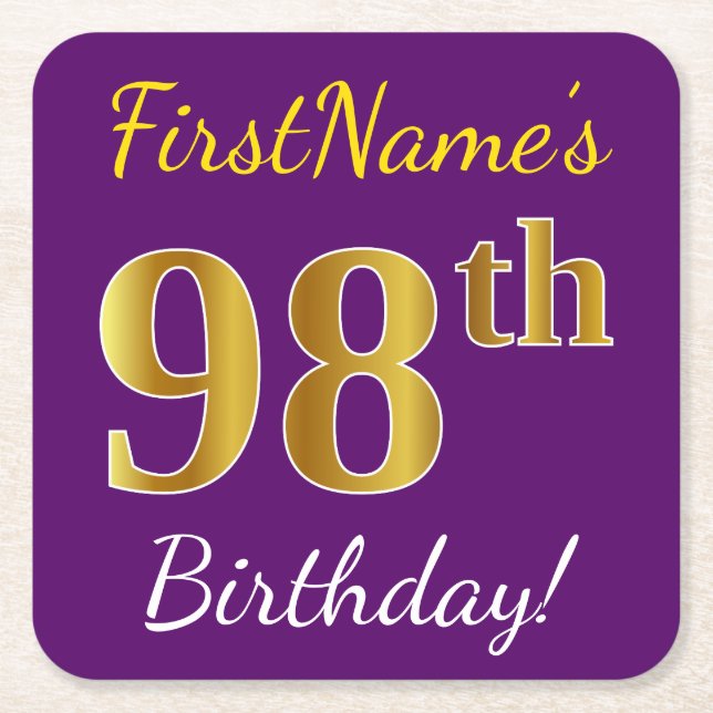 Purple, Faux Gold 98th Birthday + Custom Name Square Paper Coaster (Front)