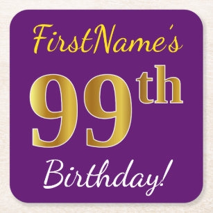 Purple, Faux Gold 99th Birthday + Custom Name Square Paper Coaster