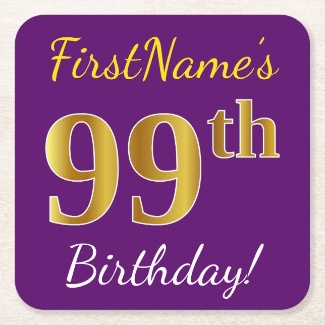 Purple, Faux Gold 99th Birthday + Custom Name Square Paper Coaster (Front)