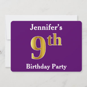 Purple, Faux Gold 9th Birthday Party + Custom Name Invitation
