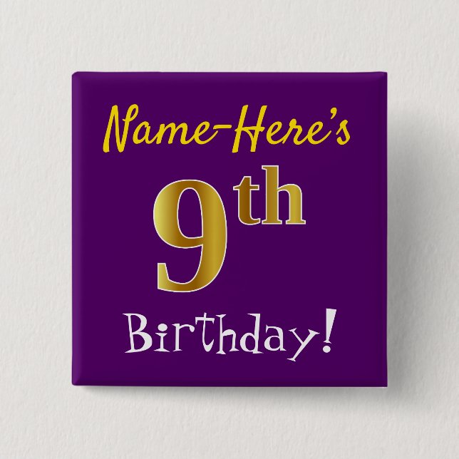 Purple, Faux Gold 9th Birthday, With Custom Name 15 Cm Square Badge (Front)