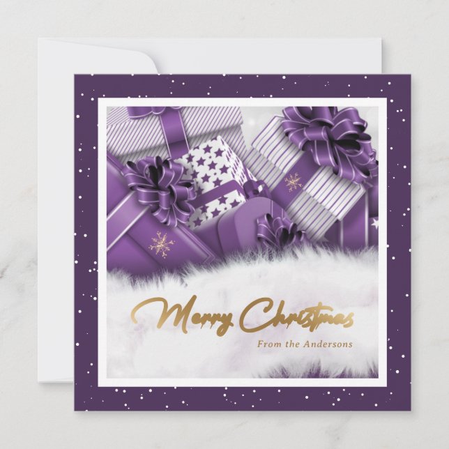Purple Faux Gold Foil Snow Gifts Christmas Cards (Front)