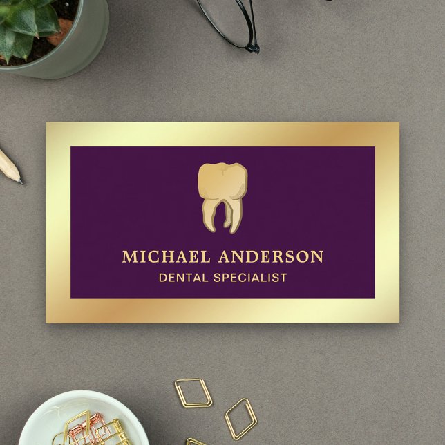 Purple Faux Gold Foil Tooth Dental Clinic Dentist Business Card (Creator Uploaded)