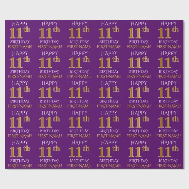 Purple, Faux Gold "HAPPY 11th BIRTHDAY" Wrapping Paper (Flat)