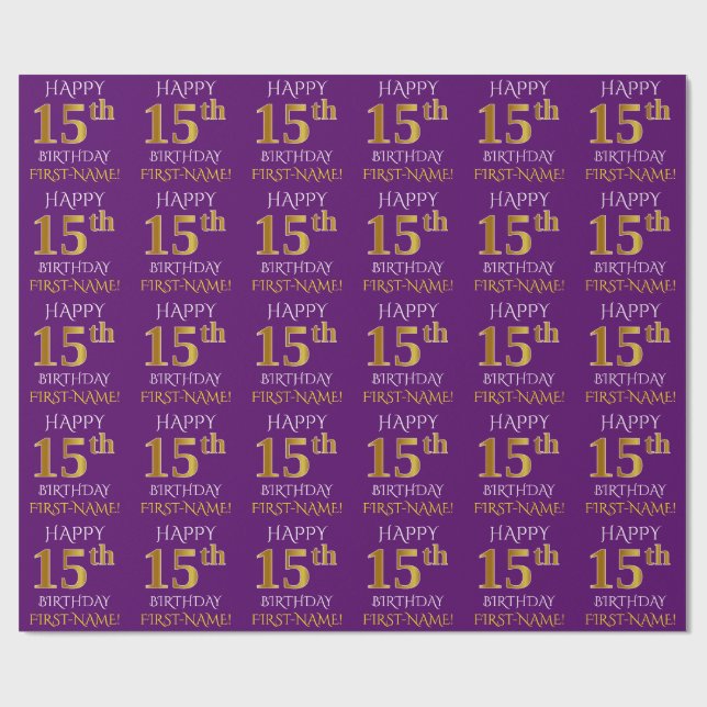 Purple, Faux Gold "HAPPY 15th BIRTHDAY" Wrapping Paper (Flat)