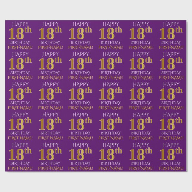 Purple, Faux Gold "HAPPY 18th BIRTHDAY" Wrapping Paper (Flat)