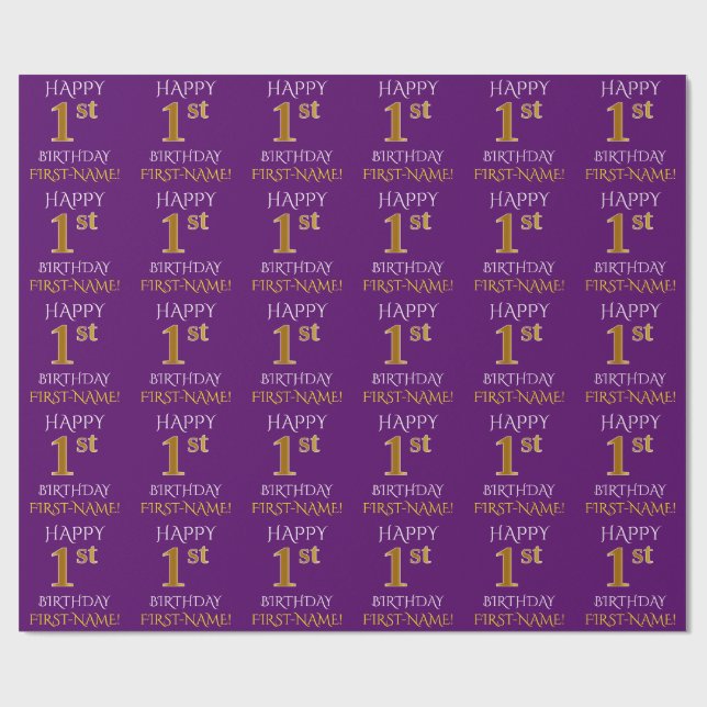 Purple, Faux Gold "HAPPY 1st BIRTHDAY" Wrapping Paper (Flat)
